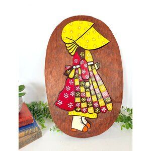 Vintage 1970s Holly Hobbie Homemade Carved Wooden Wall Plaque